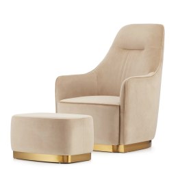 Fotel Bino velvet z podnóżkiem styl glamour złote dodatki do salonu Beżowy (SWAN-01)