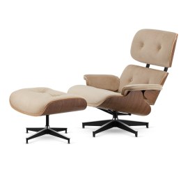 Fotel Lucera XL z podnóżkiem insp. Lounge Chair Velvet Beżowy (SWAN-01) Ciemny orzech