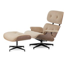 Fotel Lucera XL z podnóżkiem insp. Lounge Chair Velvet Beżowy (SWAN-01) Jasny orzech
