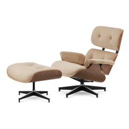 Fotel Lucera z podnóżkiem insp. Lounge Chair Velvet Beżowy (SWAN-01) Ciemny orzech Czarna z chromowanymi grzbietami