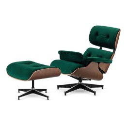 Fotel Lucera z podnóżkiem insp. Lounge Chair Velvet Butelkowy (SWAN-16) Ciemny orzech Czarna z chromowanymi grzbietami