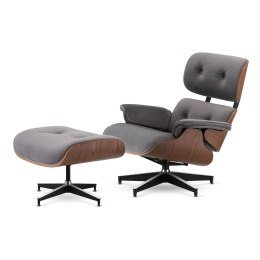 Fotel Lucera z podnóżkiem insp. Lounge Chair Velvet Jasnoszary (SWAN-12) Ciemny orzech Czarna z chromowanymi grzbietami