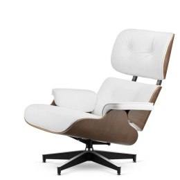Fotel Lucera XL insp. Lounge Chair Biała Skóra Jasny orzech Czarna z chromowanymi grzbietami