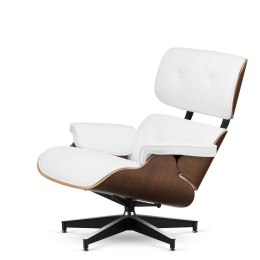 Fotel Lucera insp. Lounge Chair Biała Skóra Ciemny orzech Czarna z chromowanymi grzbietami