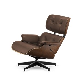Fotel Lucera insp. Lounge Chair Brązowa skóra Ciemny orzech Czarna z chromowanymi grzbietami