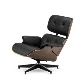 Fotel Lucera insp. Lounge Chair Czarna Skóra Jasny orzech Czarna z chromowanymi grzbietami