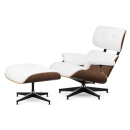 Fotel Lucera z podnóżkiem insp. Lounge Chair Biała Skóra Ciemny orzech Czarna z chromowanymi grzbietami