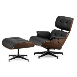 Fotel Lucera z podnóżkiem insp. Lounge Chair Czarna Skóra Ciemny orzech Czarna z chromowanymi grzbietami