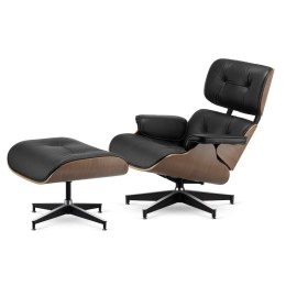 Fotel Lucera z podnóżkiem insp. Lounge Chair Czarna Skóra Jasny orzech Czarna z chromowanymi grzbietami