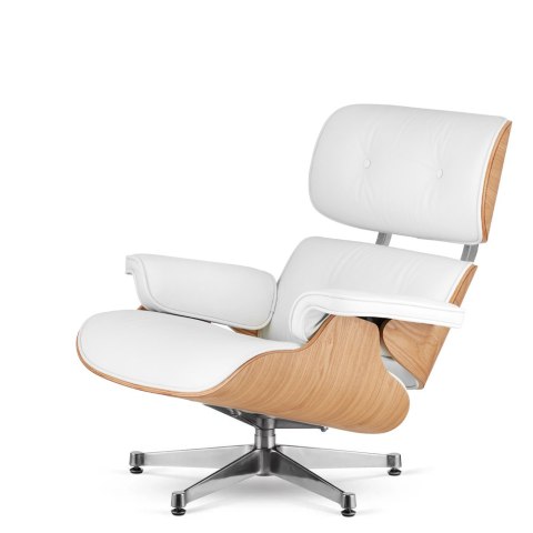Fotel Lucera XL insp. Lounge Chair Biała Skóra Jasny dąb Chromowana