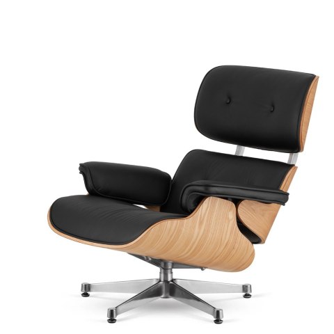 Fotel Lucera XL insp. Lounge Chair Czarna Skóra Jasny dąb Chromowana