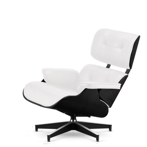 Fotel Lucera XL z podnóżkiem insp. Lounge Chair Biała Skóra Czarny dąb Czarna z chromowanymi grzbietami