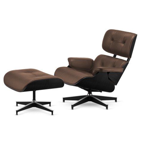Fotel Lucera XL z podnóżkiem insp. Lounge Chair Brązowa Skóra Czarny dąb Czarna z chromowanymi grzbietami