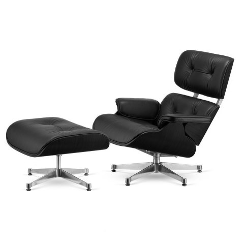 Fotel Lucera XL z podnóżkiem insp. Lounge Chair Czarna Skóra Czarny dąb Chromowana