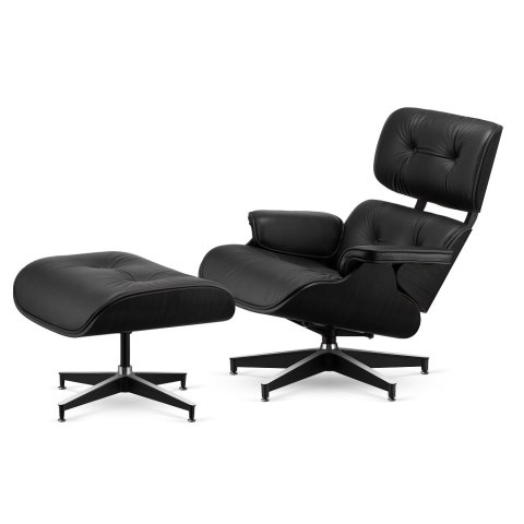 Fotel Lucera XL z podnóżkiem insp. Lounge Chair Czarna Skóra Czarny dąb Czarna z chromowanymi grzbietami