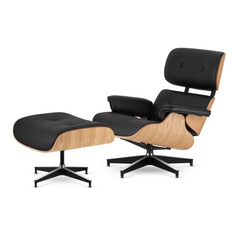 Fotel Lucera XL z podnóżkiem insp. Lounge Chair Czarna Skóra Jasny dąb Czarna z chromowanymi grzbietami