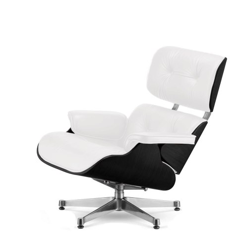 Fotel Lucera z podnóżkiem insp. Lounge Chair Biała Skóra Czarny dąb Chromowana