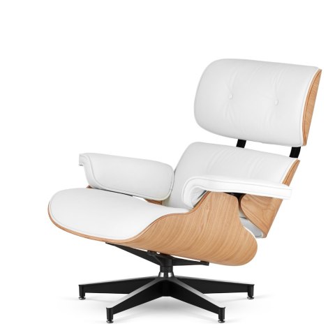 Fotel Lucera z podnóżkiem insp. Lounge Chair Biała Skóra Jasny dąb Czarna z chromowanymi grzbietami