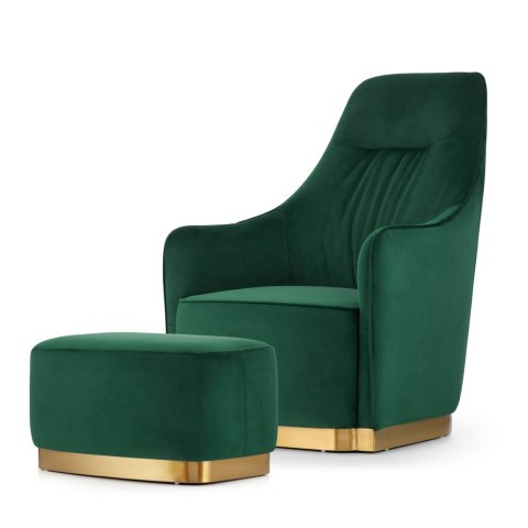 Fotel Bino velvet z podnóżkiem styl glamour złote dodatki do salonu Butelkowy (SWAN-16)