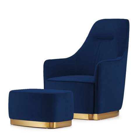 Fotel Bino velvet z podnóżkiem styl glamour złote dodatki do salonu Ciemnogranatowy (SWAN-18)
