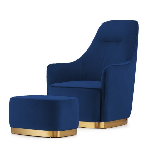 Fotel Bino velvet z podnóżkiem styl glamour złote dodatki do salonu Granatowy (SWAN-08)