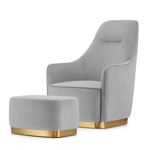 Fotel Bino velvet z podnóżkiem styl glamour złote dodatki do salonu Jasnoszary (SWAN-12)