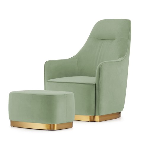 Fotel Bino velvet z podnóżkiem styl glamour złote dodatki do salonu Pistacjowy (SWAN-60)