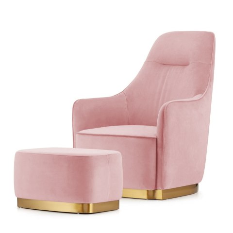 Fotel Bino velvet z podnóżkiem styl glamour złote dodatki do salonu Pudrowy róż (SWAN-40)