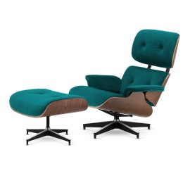Fotel Lucera XL z podnóżkiem insp. Lounge Chair Velvet Morski (SWAN-17) Ciemny orzech