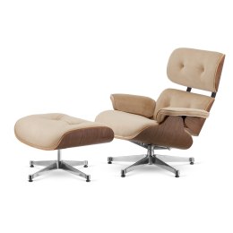Fotel Lucera z podnóżkiem insp. Lounge Chair Velvet Beżowy (SWAN-01) Ciemny orzech Chromowana