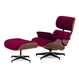 Fotel Lucera z podnóżkiem insp. Lounge Chair Velvet Bordowy (SWAN-14) Ciemny orzech Czarna z chromowanymi grzbietami