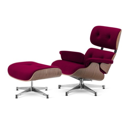 Fotel Lucera z podnóżkiem insp. Lounge Chair Velvet Bordowy (SWAN-14) Jasny orzech Chromowana