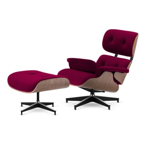 Fotel Lucera z podnóżkiem insp. Lounge Chair Velvet Bordowy (SWAN-14) Jasny orzech Czarna z chromowanymi grzbietami