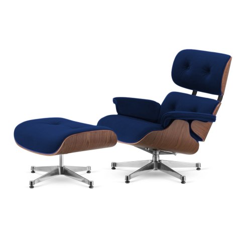 Fotel Lucera z podnóżkiem insp. Lounge Chair Velvet Ciemnogranatowy (SWAN-18) Ciemny orzech Chromowana