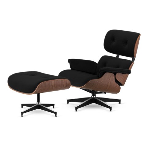 Fotel Lucera z podnóżkiem insp. Lounge Chair Velvet Czarny (modal-23) Ciemny orzech Czarna z chromowanymi grzbietami