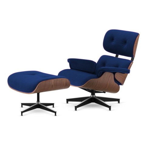 Fotel Lucera z podnóżkiem insp. Lounge Chair Velvet Granatowy (SWAN-08) Ciemny orzech Czarna z chromowanymi grzbietami