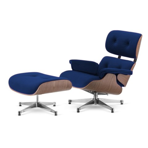 Fotel Lucera z podnóżkiem insp. Lounge Chair Velvet Granatowy (SWAN-08) Jasny orzech Chromowana