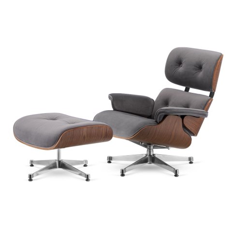 Fotel Lucera z podnóżkiem insp. Lounge Chair Velvet Jasnoszary (SWAN-12) Ciemny orzech Chromowana