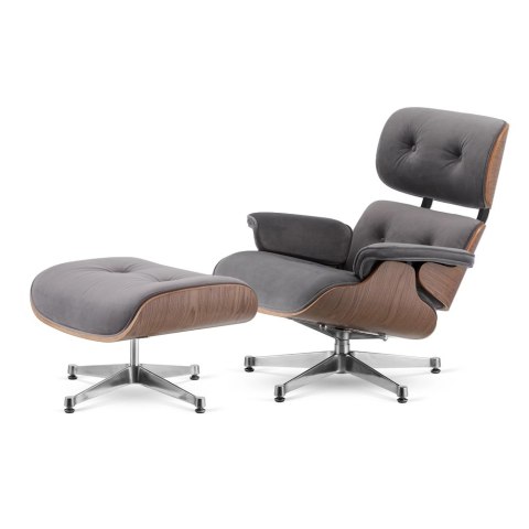 Fotel Lucera z podnóżkiem insp. Lounge Chair Velvet Jasnoszary (SWAN-12) Jasny orzech Chromowana
