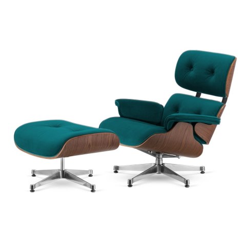 Fotel Lucera z podnóżkiem insp. Lounge Chair Velvet Morski (SWAN-17) Ciemny orzech Chromowana