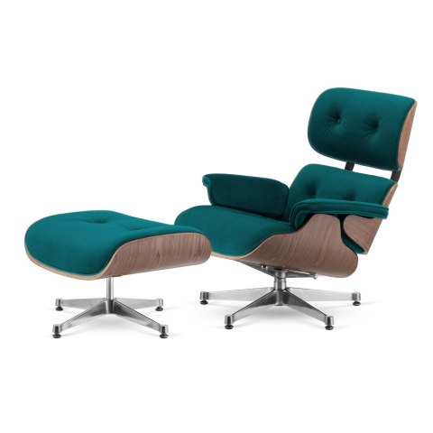 Fotel Lucera z podnóżkiem insp. Lounge Chair Velvet Morski (SWAN-17) Jasny orzech Chromowana