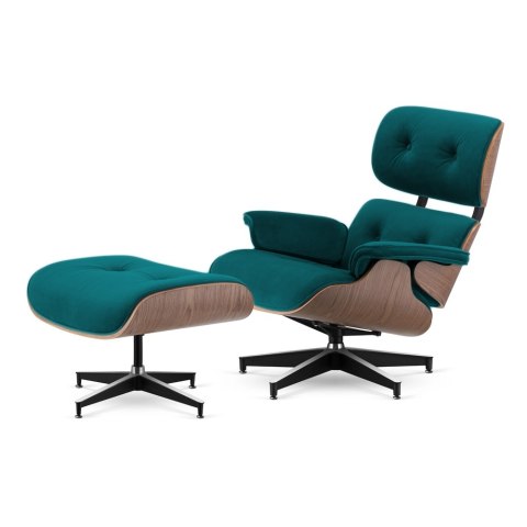 Fotel Lucera z podnóżkiem insp. Lounge Chair Velvet Morski (SWAN-17) Jasny orzech Czarna z chromowanymi grzbietami