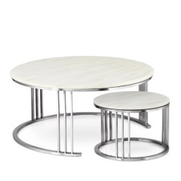 Goldwell zestaw okrągłych stolików kawowych marmur styl glamour Biały Chrom 90cm + 45cm