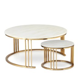 Goldwell zestaw okrągłych stolików kawowych marmur styl glamour Biały Złoty 90cm + 45cm