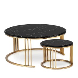 Goldwell zestaw okrągłych stolików kawowych marmur styl glamour Czarno/biały Złoty 90cm + 45cm
