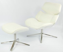 Fotel Bari z podnóżkiem Lounge Chair skóra naturalna obrotowy do salonu Biały Biały