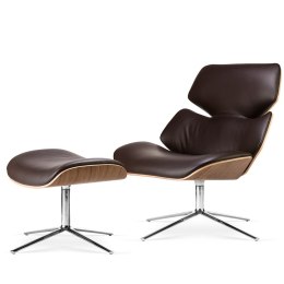Fotel Bari z podnóżkiem Lounge Chair skóra naturalna obrotowy do salonu Brązowy Jasny orzech