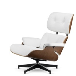 Fotel Lucera XL insp. Lounge Chair Biała Skóra Ciemny orzech Czarna z chromowanymi grzbietami