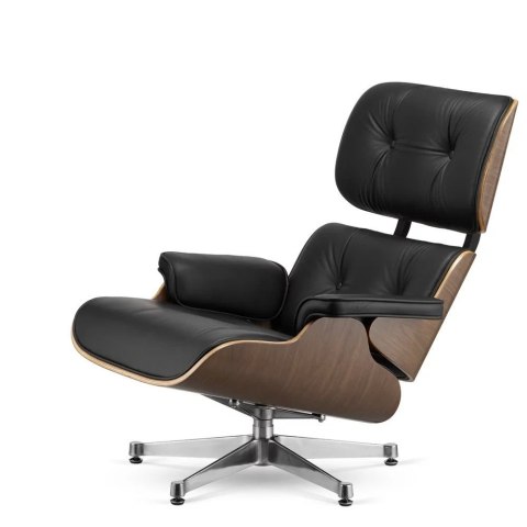 Fotel Lucera XL insp. Lounge Chair Czarna Skóra Jasny orzech Chromowana