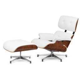 Fotel Lucera XL z podnóżkiem insp. Lounge Chair Biała Skóra Brazylijski palisander Chromowana